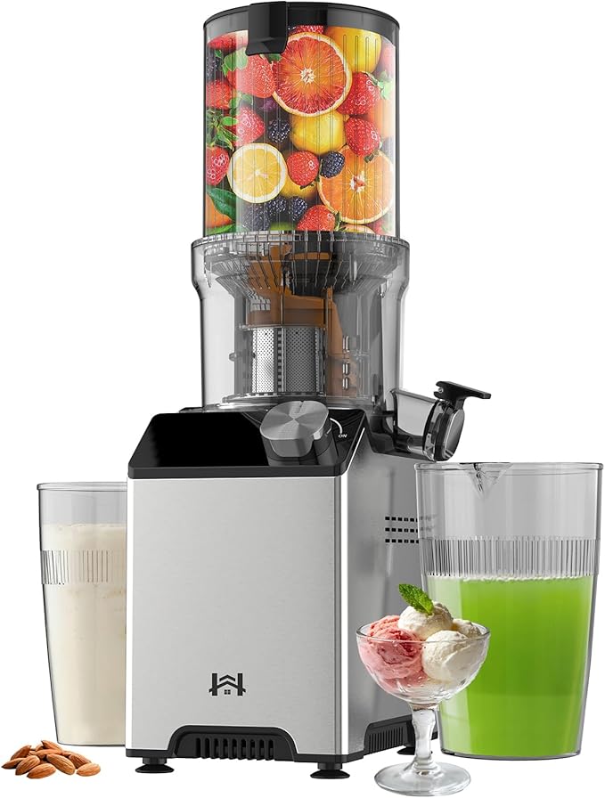 WHUTO Cold Press Juicer, Wide Feed Chute Juicer Machines, Stainless Steel Slow Masticating Juicers Easy to Clean, Vegetables & Fruits Juice Extractor, High Juice Yield, Gray Knob