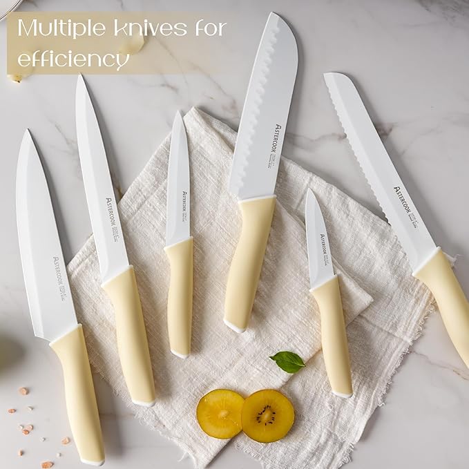 Astercook Kitchen Knife Set with Block and Sharpener 15 Piece Knives Set with Ceramic Coating German High Carbon Stainless Steel Knives Sharp Blade Dishwasher Safe Deba Knives with Ergonomic Handle