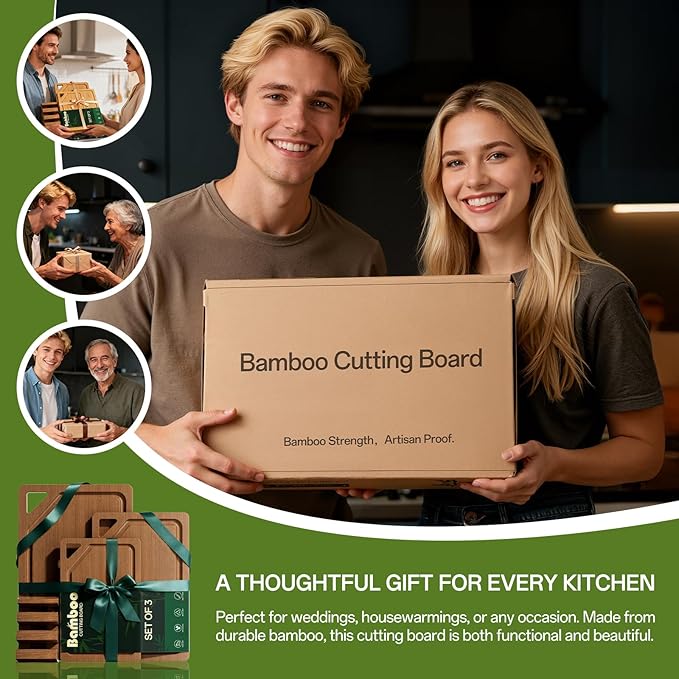 Bamboo Cutting Board Set with Holder，3 Packs Wood cutting boards with Non-Slip Rubber Padding, Deep Juice Grooves & Built-in Handles, Bamboo Chopping Boards Set for Meat, Vegetables and Fruits