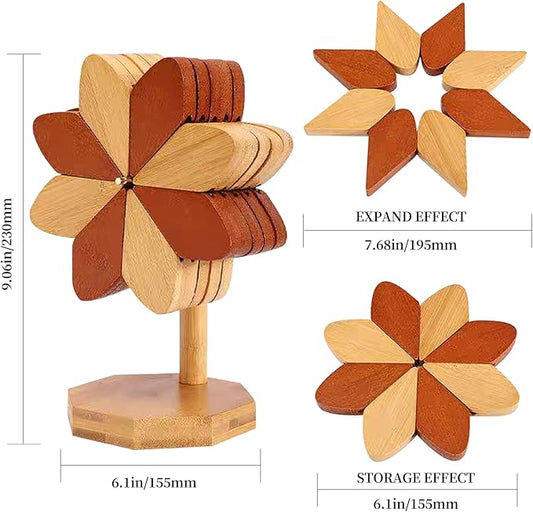 Wooden Placemats - Tree Washer Set, Wooden Pinwheel Coaster Set with Stand for Easy Storage - for Fondue pots, Pans, Bowls, teapots, Warming Trays - Versatile Decorations (Windmill placemats 5 pcs)