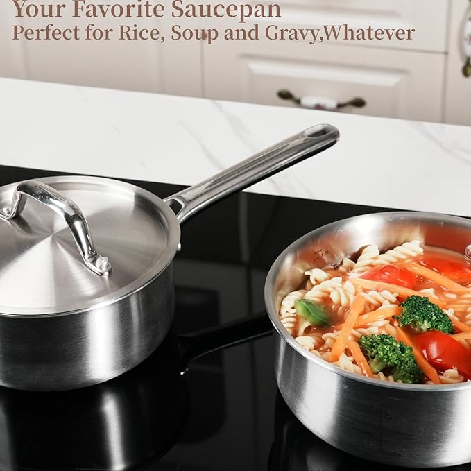 Rokasala Saucepan Set with Lids,3-Ply Stainless Steel 2QT and 3QT Cooking Pot,Professional Grade Cookware,Induction Compatible