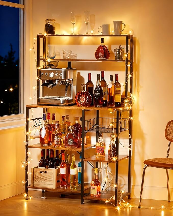 Garvee Kitchen Bakers Rack with Power Outlet, 35 * 60inch Microwave Oven Stand with Storage 4 Tiers, Coffee Bar Table with 5 S Hooks, Kitchen Storage Shelf Rack for Spices, Pots, Rustic Brown