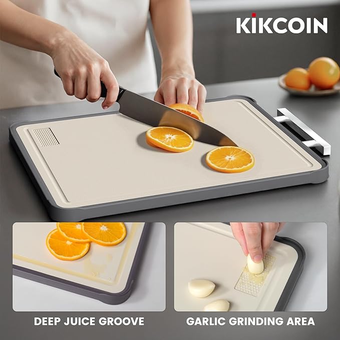 Kikcoin Stainless Steel Cutting Board, Double Sided Titanium Cutting Boards for Kitchen, Stainless Steel and Wheat Straw PP Large Chopping Board, Beige