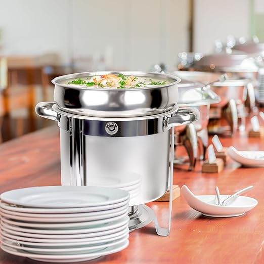 11 QT Soup Chafer Station with Contemporary Marmite Water Pan, Stainless Steel, Including Fuel Holder & 6 Oz Ladle - Perfect for Buffets, Catering, and Events