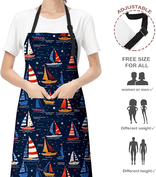 Beautiful Sailboat Apron for Women Men, Cooking BBQ Chef Polyester Lightweight Nautical Design Aprons with Pockets for Baking Kitchen Gardening Cleaning, Adjustable Neck Strap, 28×33inch