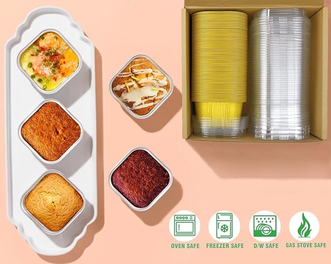 Lewarm 14 oz Mini Cake Pans with Lids, Square Muffin Pans, Multi-purpose Aluminum Baking Cups, Premium Dessert Cups, Creme Brulee Ramekins Oven Safe, 60 Pack