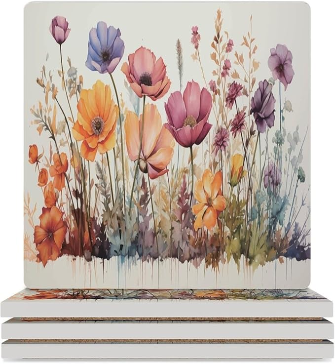 Square-4PCS Floral Ceramic Coasters, Square Absorbent Drink Coasters, Watercolour Abstract Floral Beautiful Florets Design Ceramic Table Coasters for Coffee, Beverage, Wine, Beer Coasters