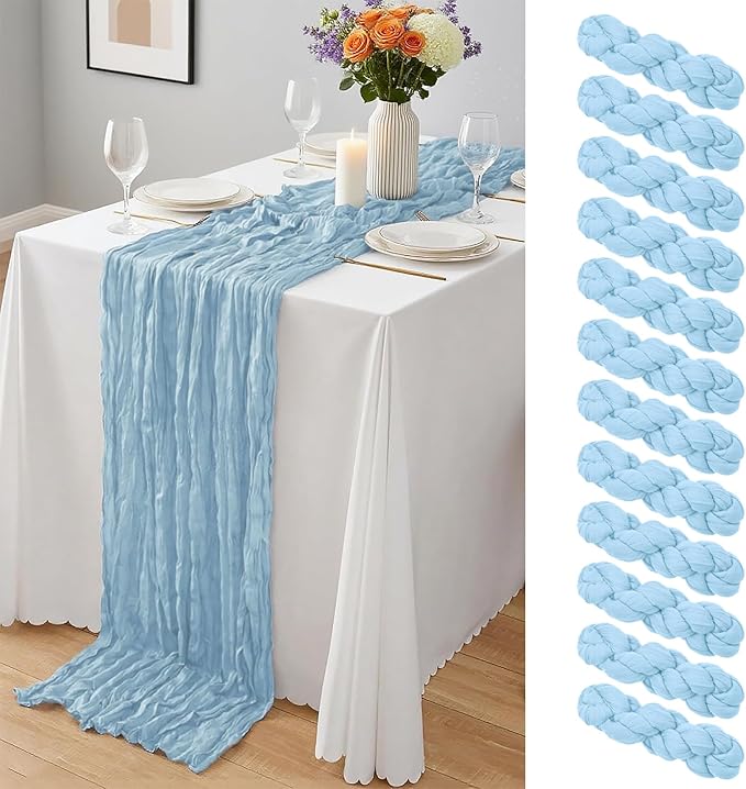 12 Pack Baby Blue Cheesecloth Table Runner 10Ft, Gauze Table Runners 21.5 x 120 inch,Semi Sheer Cheese Cloth Fabric Runner Bulk for Wedding,Party,Baby Shower,Bridal Shower