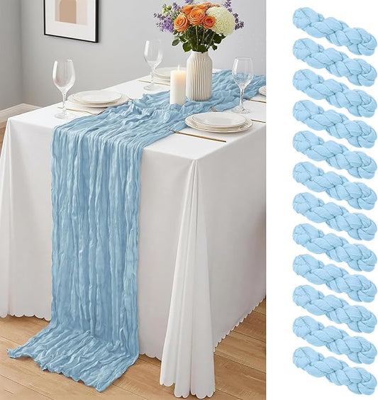 12 Pack Baby Blue Cheesecloth Table Runner 10Ft, Gauze Table Runners 21.5 x 120 inch,Semi Sheer Cheese Cloth Fabric Runner Bulk for Wedding,Party,Baby Shower,Bridal Shower