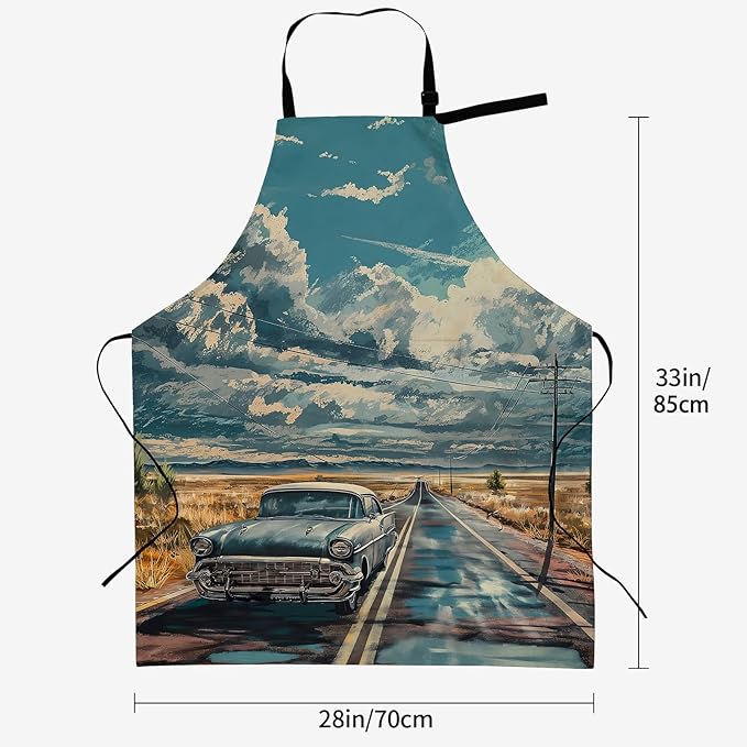 Vintage Car Route 66 Apron for Women, 28x33in, Kitchen Chef Aprons with 2 Pockets, Polyester, Classic Car Apron for Cooking BBQ Baking Gardening Chef, Gifts for Mom Wife Dad