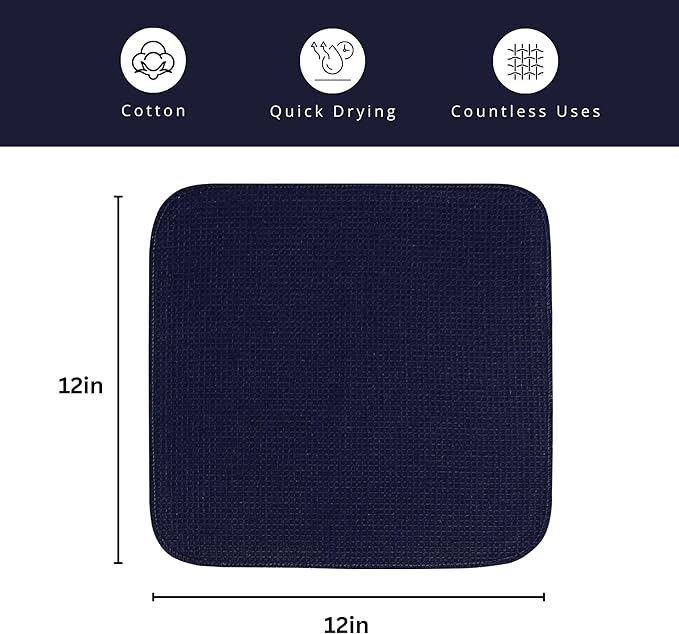 PurpleEssences Dish Cloths and Dish Rags - 6 Pack Waffle Weave Solid Kitchen Dish Wash Cloths, 100% Cotton, 12 x 12 Inches, Ultra Soft Absorbent Quick Drying - Christmas Holiday Winter - Navy Blue