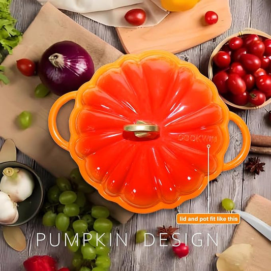Pumpkin Enameled Cast Iron Dutch Oven with Lid, 4.5 QT Heavy Duty and Dual Handles Pot, Serves 3-5 and Oven Safe for Bread Baking, Braising, Cooking Soup and Family Gifts, Orange
