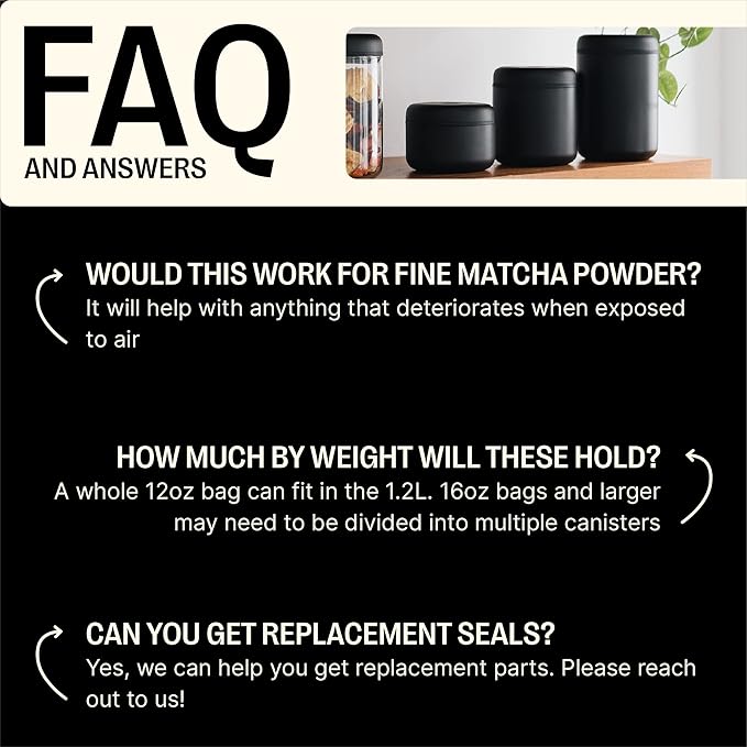 Fellow Atmos Vacuum Coffee Canister – 1.2L Stainless Steel Airtight Food Storage Container for Coffee Beans, Ground Coffee, Tea & Spices – Vacuum Seal Preserves Freshness – Matte Black