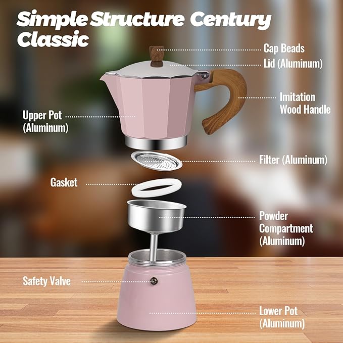 Vaolvpant 6 Cup Aluminum Moka Pot Classic Stovetop Espresso Coffee Maker 300ml 10oz Coffeemaker Percolator Mocha Pot Greca Coffee Maker Cafe Makers for Italian and Cuban Café Brewing Pink