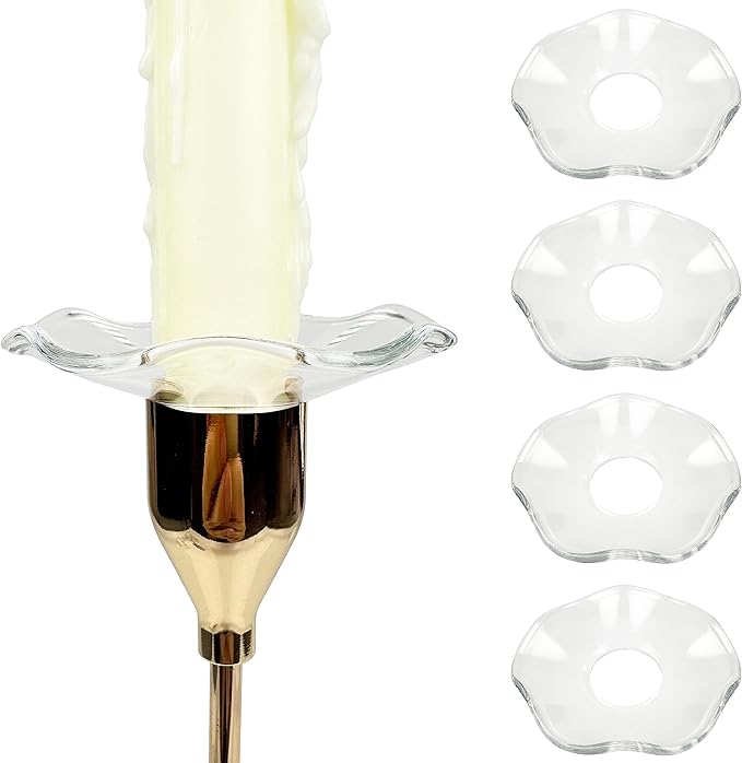 4 Pieces Bent Glass Candle Bobeches for Candlesticks, Taper Candle Wax Catcher Rings, Candle Wax Drip Protectors (Scallop)