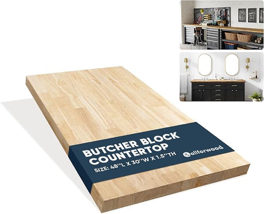 48''L x 30''W x 1.5''Th Hevea Premium Solid Wood Butcher Block Countertop, Butcher Block Table Top for DIY Washer Dryer/Island/Kitchen Countertop (Unfinished)