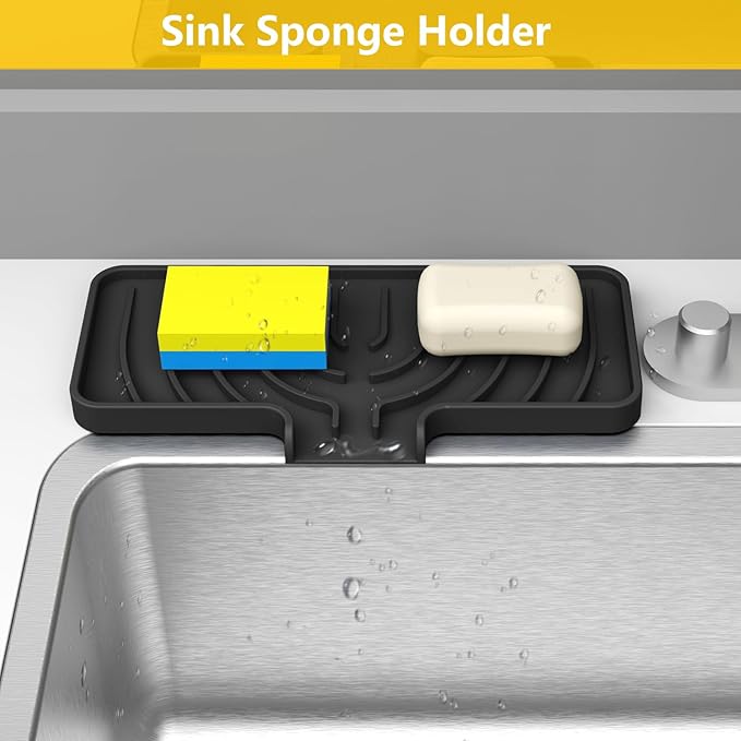 Sponge Holder for Kitchen Sink, Soap Tray for Sink & Counter, 9.8"×4.9" Soap Dish Mat, Silicone with Drain, Perfect for Dispenser, Scrubber, Bottle, Cup (Black)