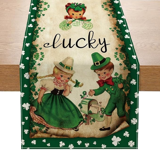 Vintage St. Patrick's Day Table Runner St Patricks Day Decorations - Green Lucky Vintage Style Boys Girls Clover Spring Home Kitchen Dining Table Decor, St Patricks Day Party Decorations 13x72 Inch