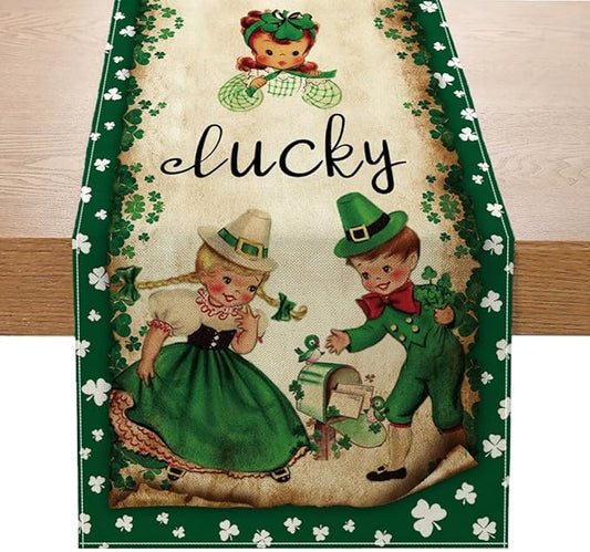 Vintage St. Patrick's Day Table Runner St Patricks Day Decorations - Green Lucky Vintage Style Boys Girls Clover Spring Home Kitchen Dining Table Decor, St Patricks Day Party Decorations 13x72 Inch