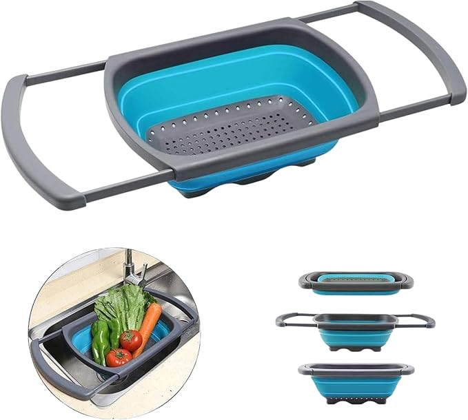 Collapsible Colander Set,Premium Food Grade Silicone Folding Strainers with Handles Space Saving Colanders for Draining Pasta,Vegetables & Fruits,Ideal for Kitchen & Travel (1pc(blue))