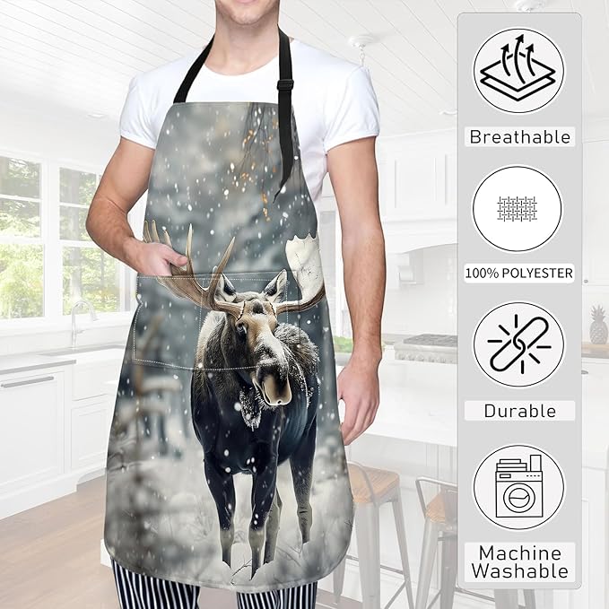 Winter Moose Apron Snowy Forest Realistic Animal Aprons Waterproof Oxford Polyester Adjustable Pockets Design for Cooking, Crafting, Garden Decor, for Adults, 28x33 Inch