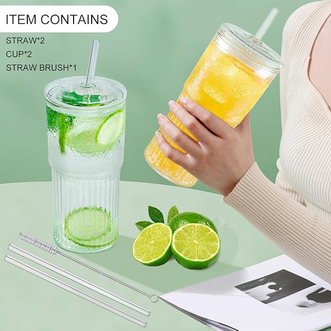 Glass Cups with Lids and Glass Straws, High Borosilicate 20OZ Tumblers (2Pcs) for Coffee, Tea, Juice, Smoothies, Hot/Cold Drinks at Home, Office（Christmas Creative Drink Label Design）