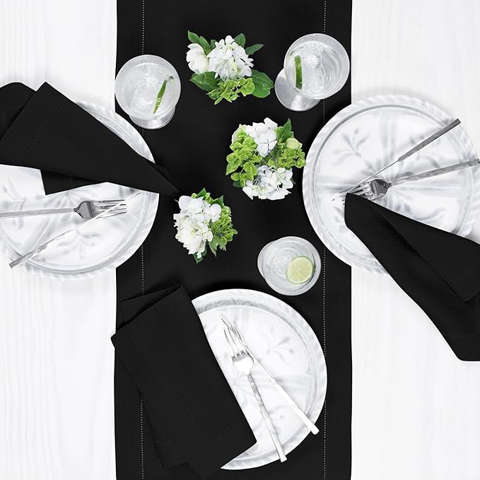 Solino Home Linen Black Table Runner 48 Inches - Classic Hemstitch, 100% Pure Linen Coffee Table Runner 14 x 48 Inch Ideal for Dresser Tables - Winter, Spring, Easter