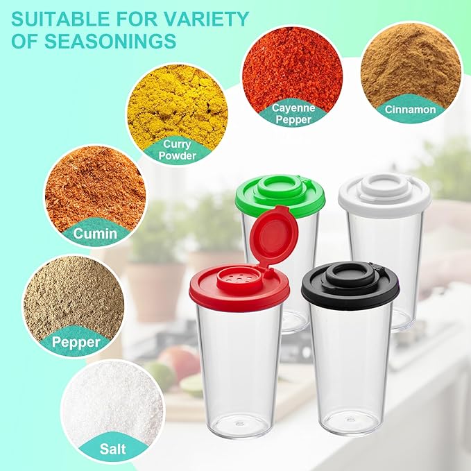 Plastic Salt and Pepper Shakers Set with 4 Color Lids & 20 Labels – Clear Spice Jars, Reusable, Refillable Seasoning Containers for Kitchen, Cooking, Baking – Easy Storage & Organization