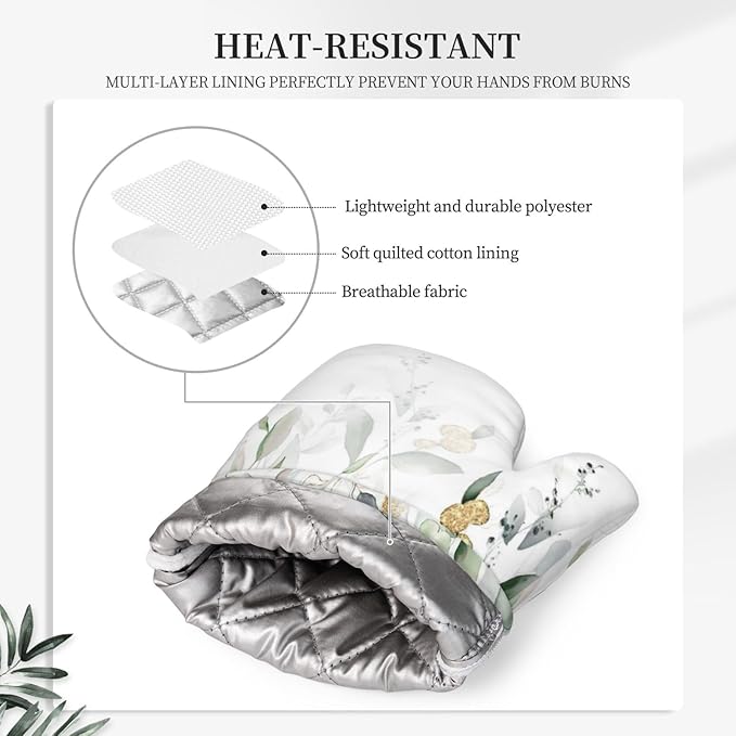 Eucalyptus Sage Silicone Oven Mitts and Pot Holders Sets Watercolor Botanic Kitchen Mitts Leaf and Buds Leaves Potholder Kitchen Accessories for Cooking Baking BBQ