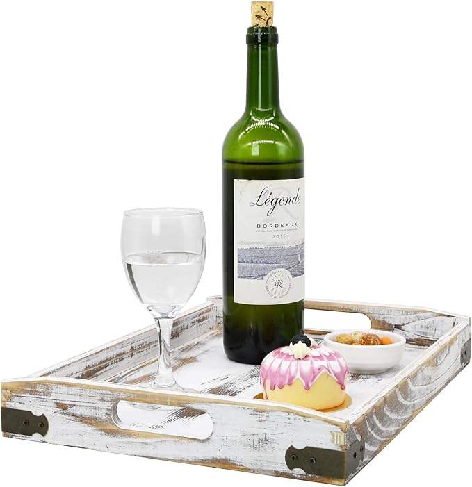 Owlgift Rustic White Wood Serving Trays with Brass Metal Wrap Accents, Set of 3