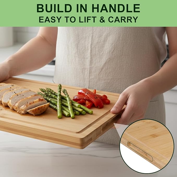 Tafopue Bamboo Cutting Board for Kitchen, Thickened Chopping Board with Juice Groove & Handles, Large Double Sided Butcher Block for Meat, Vegetables & Charcuterie Serving, 17x12x1 Inch