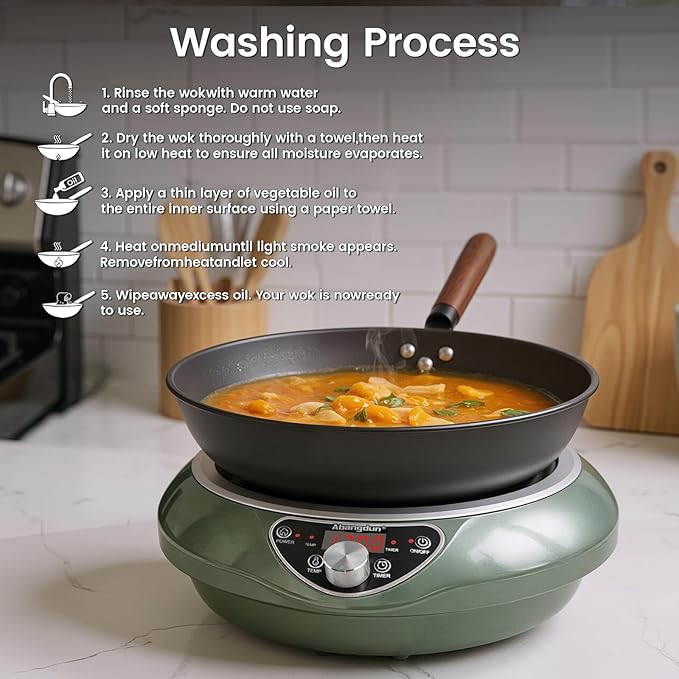 Abangdun 1700W 120V Wok Induction Cooktop,Non-Pulse Heating,16 Levels,18H Timer,13.4" Nitrided Carbon Steel Wok Set w/Lid&Steaming Rack,Round-Bottom Wok+ Flat Pan Compatible (<9"), Wok-Style Stir-Fry