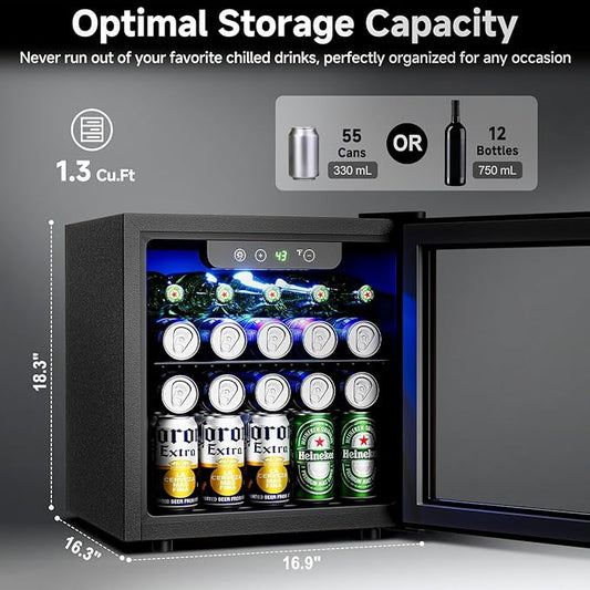 50 Can Beverage Refrigerator Cooler - 1.3 Cu.Ft Mini Fridge with Glass Door, Soda Beer Drink Wine Fridge, Countertop Small Refrigerator for Bedroom Office Home Dorm Bar, Black