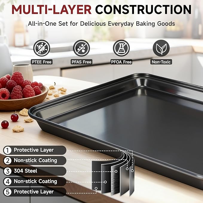 Unokit 8-Piece Nonstick Baking Pans Set - Stainless Steel Bakeware Set for Cooking, Stackable Trays with Cookie Sheets, Muffin, Cake, Loaf, Round & Square Pan and Cooling Rack, Dishwasher & Oven Safe