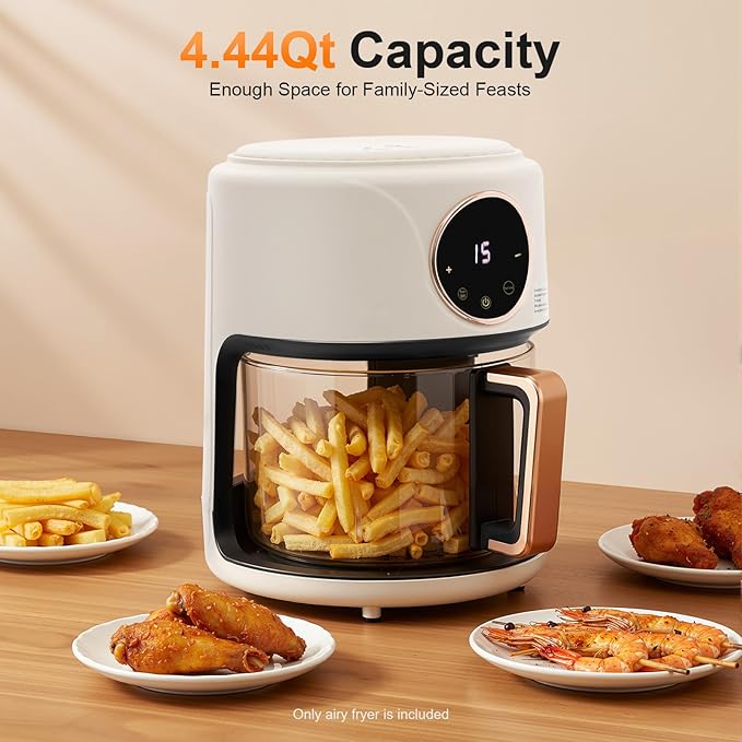 PERFERATE Glass Air Fryer 4.44Qt Capacity Glass Airfryer with 360° Transparent Viewable Fry Bowl, Precise Temperature(175°F - 400°F) & Time(60 Min) Control, 1200W Oil-Less Cooking(White)