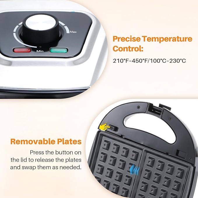 3-in-1 Waffle Maker with Removable Plates, Breakfast Sandwich Press Precise 210°F-450°F/100°C-230°C Control, Easy Clean, Meet Various Needs (3-in-1 Waffle Maker)