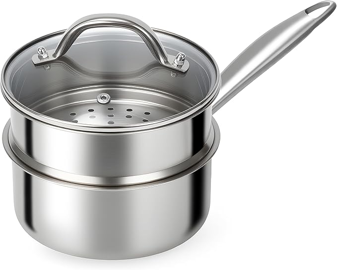 Ohtomber Stainless Steel Sauce Pan - Tri-Ply 1.5 Quarts Steamer for Cooking, Small Cooking Pot with Steamer Basket, Sauce Pan with Lid, Non Stick Saucepan, Induction Steam Pot for Vegetable, Oatmeal