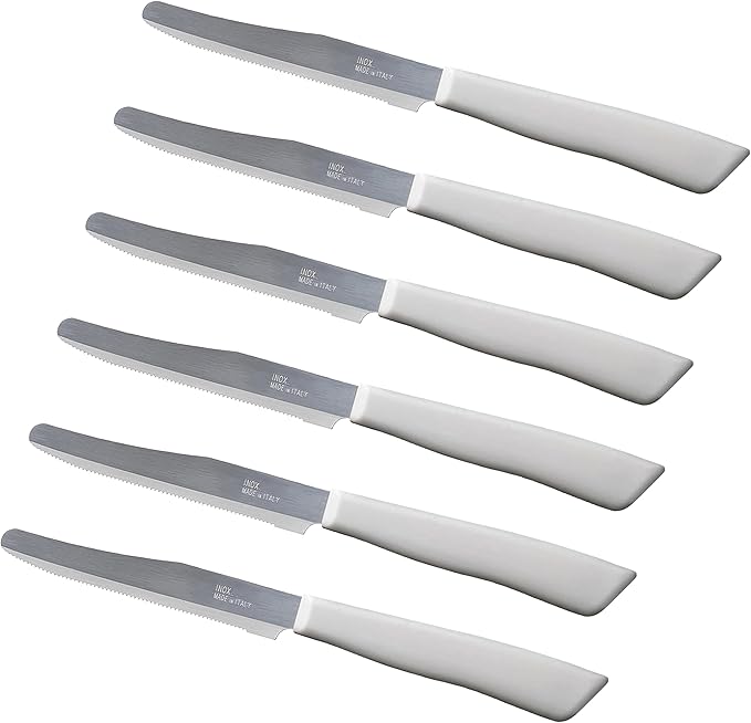 Tredoni 6 kitchen Knives - 4.3"/11cm Italian Stainless Steel Serrated Vegetable/Steak/Table Knife Cutlery, Rounded Tip (White)