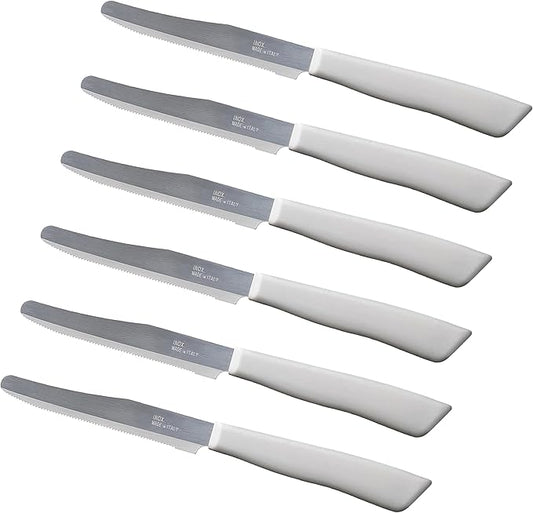 Tredoni 6 kitchen Knives - 4.3"/11cm Italian Stainless Steel Serrated Vegetable/Steak/Table Knife Cutlery, Rounded Tip (White)