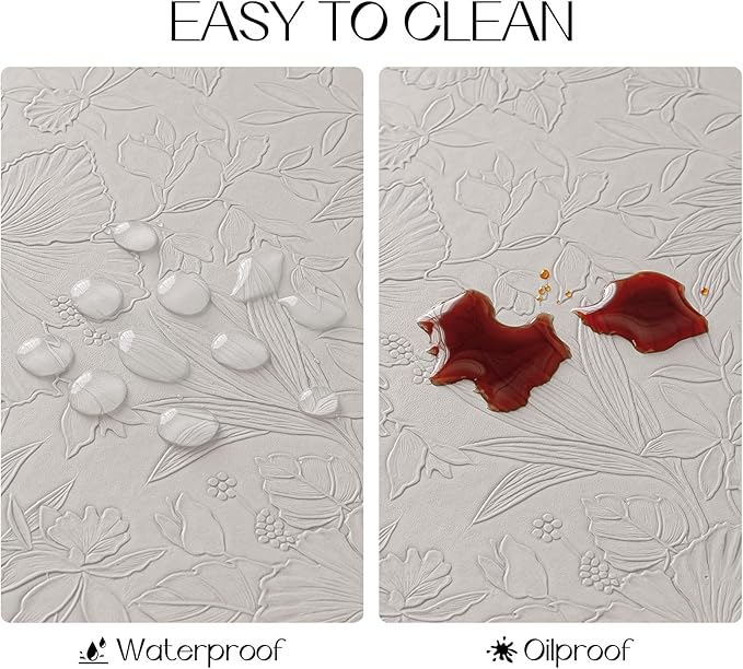 Romanstile Vinyl Placemats Set of 6-12 X 17 Inch - Heat Resistant Non-Slip Embossed Floral Place Mats 100% Waterproof Oilproof Wipeable Faux Leather Table Mats for Kitchen/Dining/Party, LightGrey