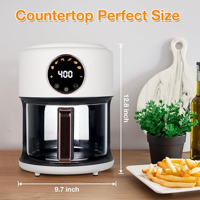 GYMODE 4.7QT Glass Air Fryer, 360° Viewable Glass Air Fryer Non Toxic, 6-IN-1 Preset Cook Modes, Digital Display, Adjustable Temp 100F - 400F, Nonstick, Dishwasher Safe, White