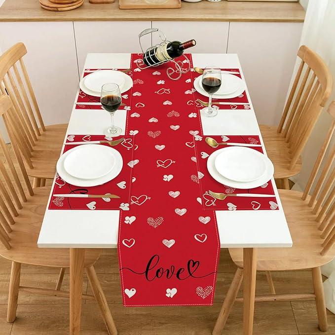 Valentines Day Table Runner 13x60 Inch, Love Hearts Valentine Table Runner, Anniversary Home Kitchen Dining Table Holiday Party Decorations