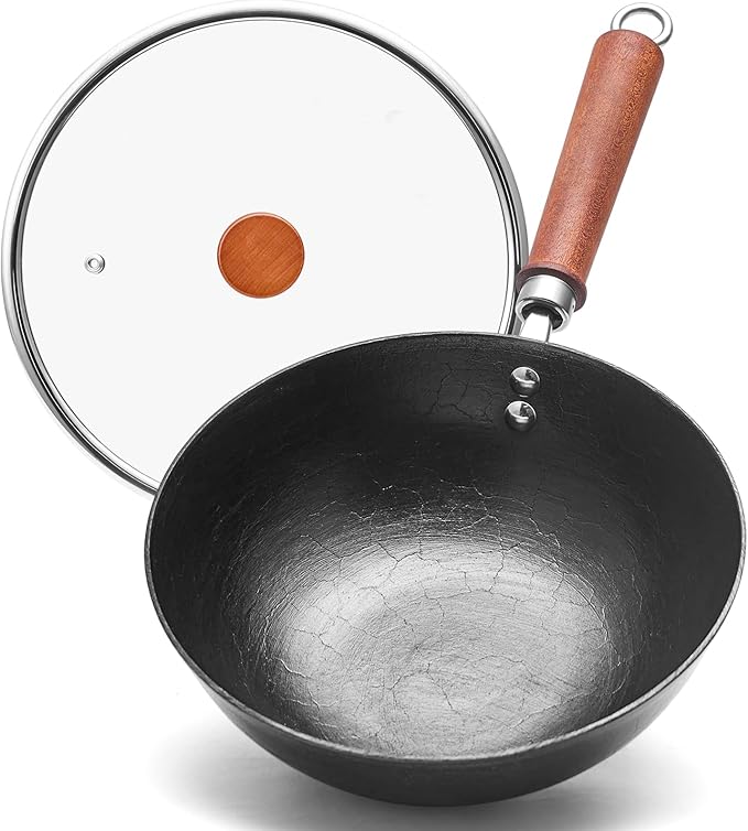 VIVIDCOOKWARE 10.2 Inch Cast Iron Wok with Glass Lid, Pre-Seasoned Flat Bottom Wok for Stir-Fry & Saute, Uncoated Iron Wok Pan for Electric, Gas & Induction Cooktops