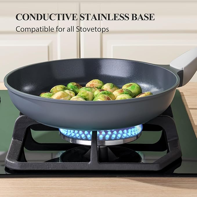 PRICUSIS Nonstick Ceramic Frying Pan, 8/10/12 Inch Non Toxic Skillet, Egg & Omelet & Chef's Pan, Induction Compatible & Oven Safe, Dishwasher Safe,PTFE PFAS & PFOA Free (8 Inch, Gray)