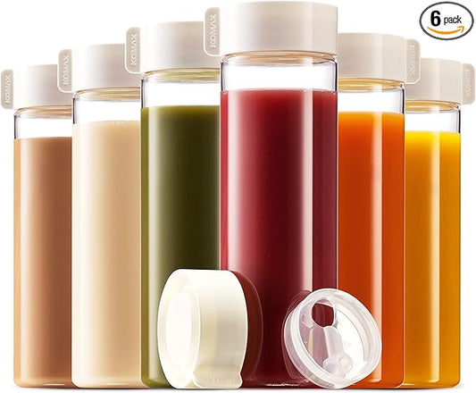 Komax Reusable Juice Bottles, Set of 6 - 18.5 oz | Premium BPA-Free Plastic, Shatterproof, Leakproof, Freezer & Dishwasher Safe | Wide Mouth Juice & Smoothie Containers
