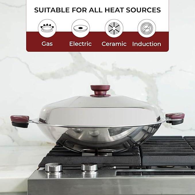 BUFFALO Clad Stainless Steel Wok Pan with Lid Round Bottom 16 inch (40cm) Stir Frying Pan Tri-Ply Nonstick Cookware - Double Handle Cooking Pot for Induction/Electric/Gas Stoves