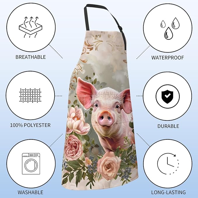 Cute Pig Apron for Women with Floral,28x33in,Farm Animal Kitchen Aprons with 2 Pockets,Oxford Fabric,Playful Retro Adjustable Apron for Cooking Baking Gardening Chef,Gifts for Mom Wife