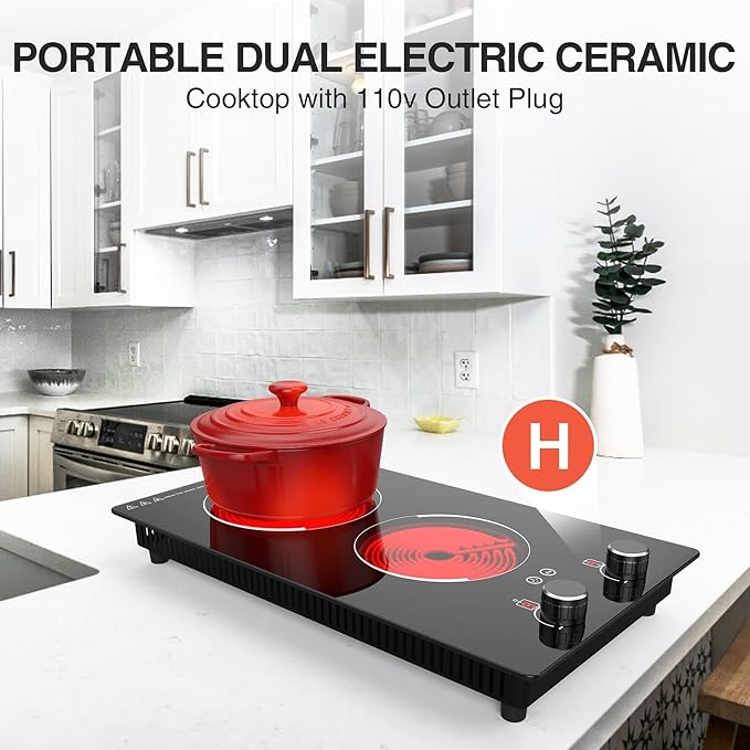 2 Burner Electric Cooktop - 12" Infrared Electric Stove Top with Knob Control, Countertop & Built-in, 2100W Ceramic Electric Hot Plate with 9 Power Levels, Child Lock, Timer, Residual Heat Warning