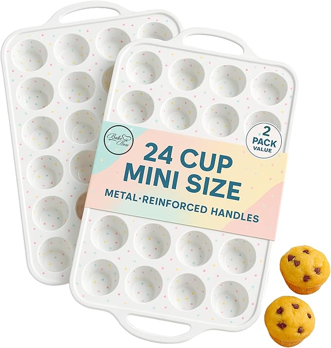 2-Pack Mini Muffin Pan – 24-Cup Silicone Mini Muffin Pans for Baking with Metal-Reinforced Handles – Nonstick, BPA-Free Silicone Muffin Tray for Mini Cupcakes & Snacks – Dishwasher Safe, Cream