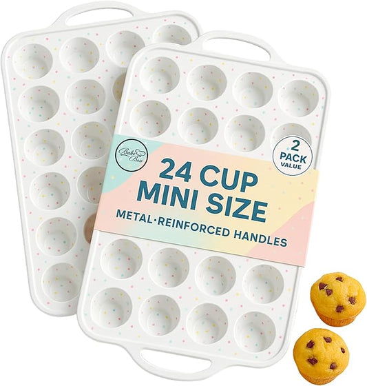 2-Pack Mini Muffin Pan – 24-Cup Silicone Mini Muffin Pans for Baking with Metal-Reinforced Handles – Nonstick, BPA-Free Silicone Muffin Tray for Mini Cupcakes & Snacks – Dishwasher Safe, Cream